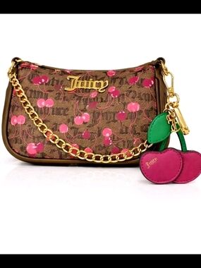 Juicy Couture Cherry Wristlet Set Pink Brown Chain Bag + Charm NWT Gift Box